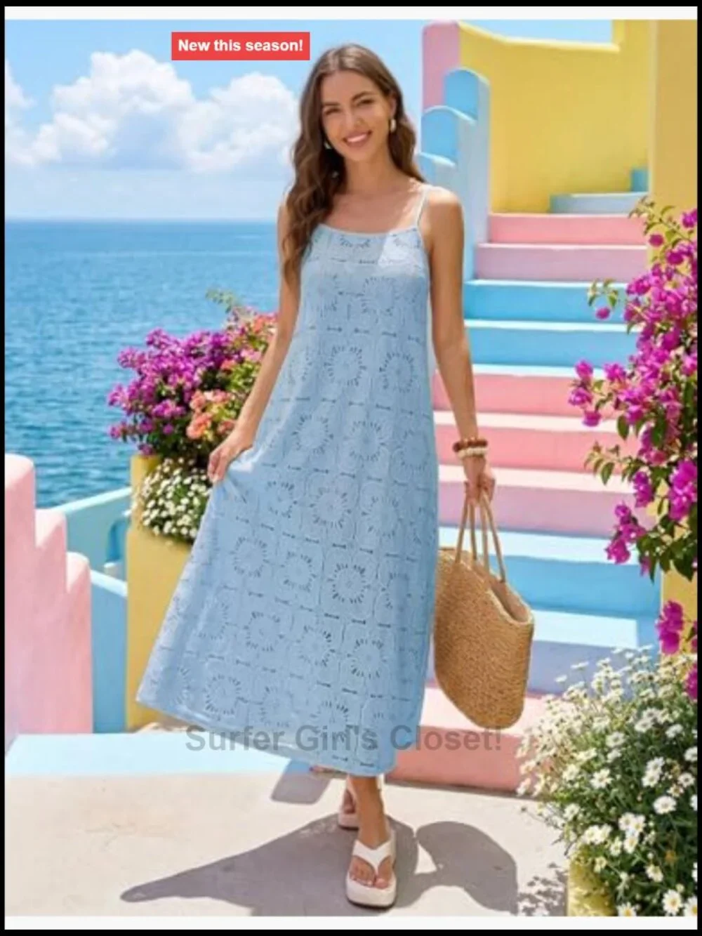 Spaghetti Strap Maxi Dress with Lace Eyelet and Pockets Boho Wedding Guest - Picture 4 of 7